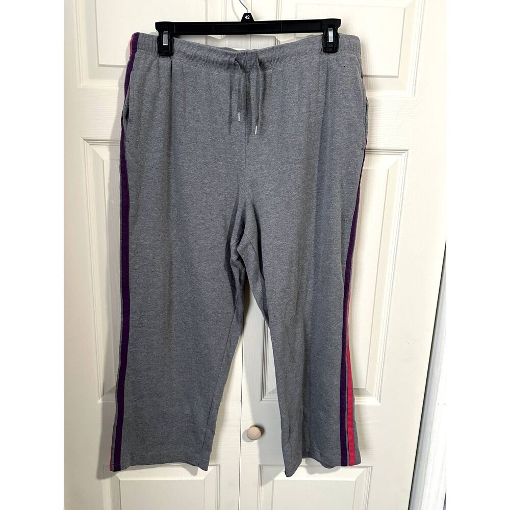 Knit cotton sweat pants size 1X Gray with pink & purple stripe with side pockets